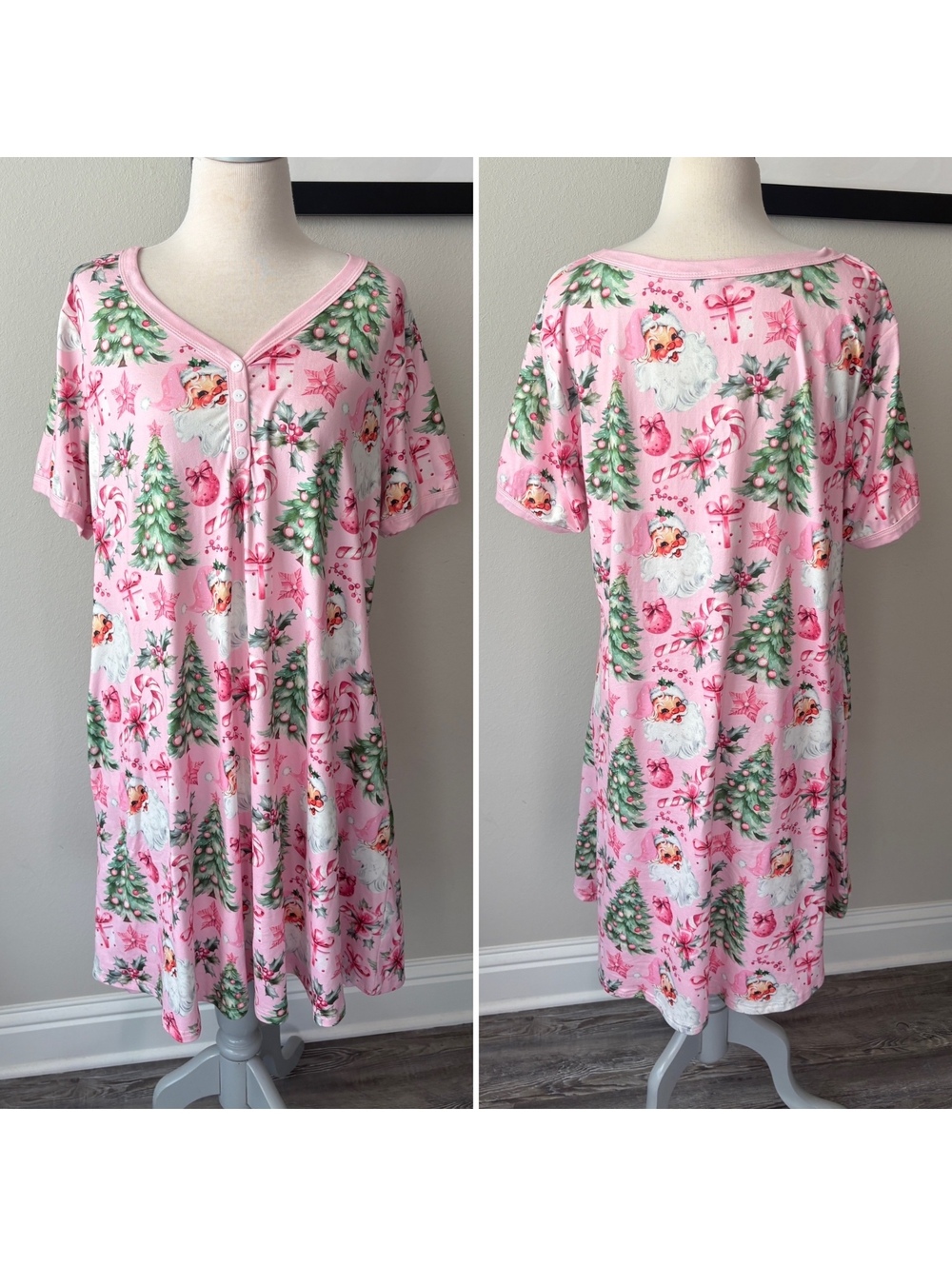 Shirley & Stone Pink Christmas Santa Nightgown w pockets Large Butter Soft